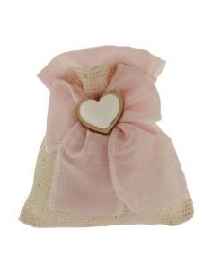 sacchetti nascita bimba con fiocco rosa e cuore in legno cm.10x12 - Bomboniere Shop Store