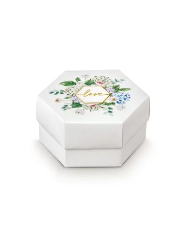 scatola per confetti matrimonio esagonale con divisorio e decoro floreale