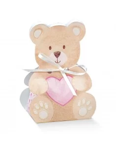 scatolina portaconfetti a forma di orsetto con un cuore rosa